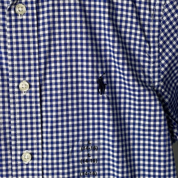 NWT POLO Ralph Lauren Kid's Blue White Checkered Button Down Shirt Size Large - Picture 3 of 9